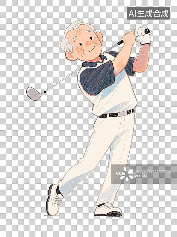 【AI数字艺术】手绘彩铅插画在户外锻炼打高尔夫球的退休老年人白发老爷爷元素图片素材