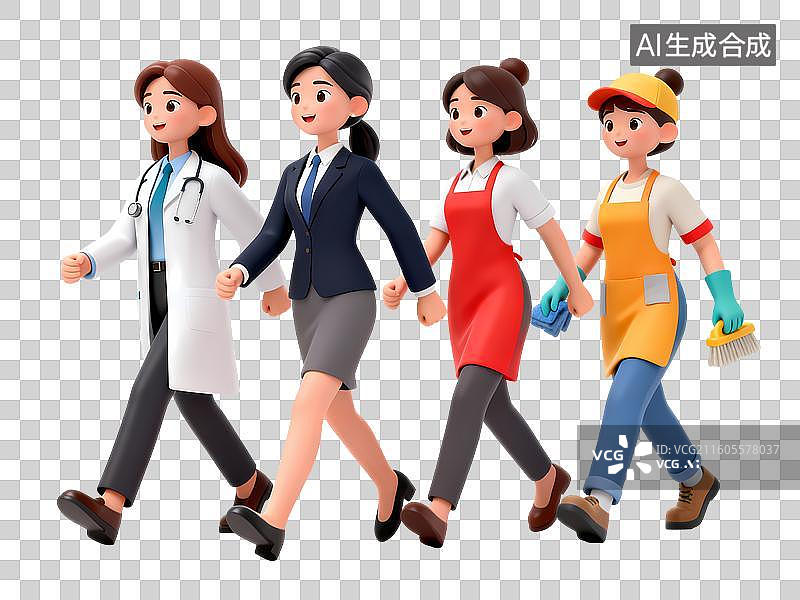 【AI数字艺术】职业装女性四人3D立体卡通C4D渲染活力青年人物元素插画图片素材