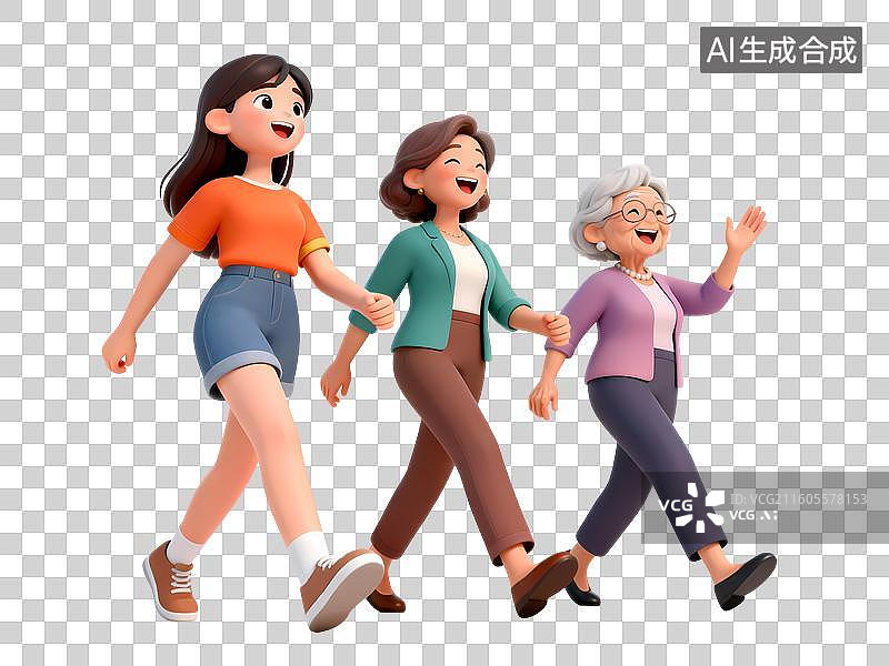 【AI数字艺术】女性祖孙三人步行3D立体卡通C4D渲染活力青年人物元素插画图片素材