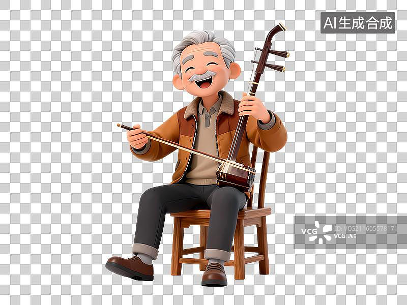 【AI数字艺术】秋冬男性老人拉二胡3D立体卡通C4D渲染活力青年人物元素插画图片素材