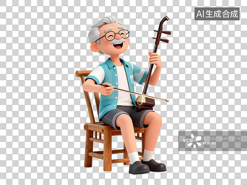【AI数字艺术】夏装男性老人拉二胡3D立体卡通C4D渲染活力青年人物元素插画图片素材