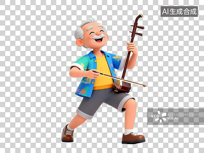 【AI数字艺术】夏装男性老人拉二胡3D立体卡通C4D渲染活力青年人物元素插画图片素材