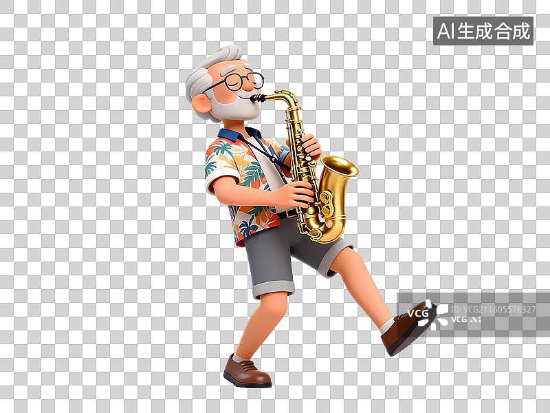 【AI数字艺术】夏装男性老人吹萨克斯3D立体卡通C4D渲染活力青年人物元素插画图片素材