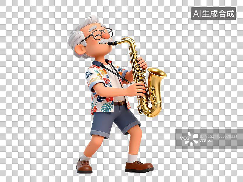 【AI数字艺术】夏装男性老人吹萨克斯3D立体卡通C4D渲染活力青年人物元素插画图片素材