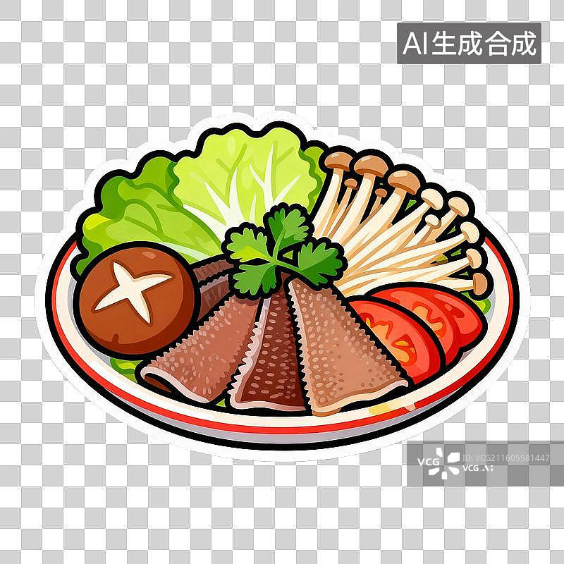 【AI数字艺术】新年春节年俗2D贴纸卡通促销拟物风格元素年夜饭火锅配菜毛肚图片素材