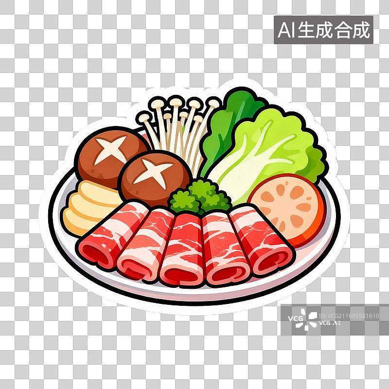 【AI数字艺术】新年春节年俗2D贴纸卡通促销拟物风格元素年夜饭火锅配菜羊肉卷菌菇生菜拼盘图片素材