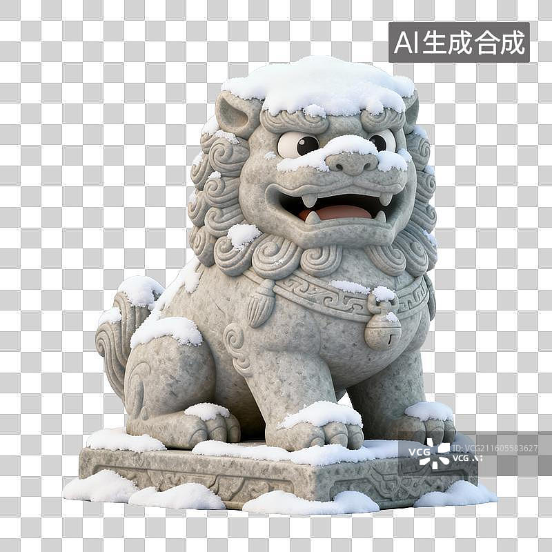 【AI数字艺术】积雪-3D 雪景中式石狮子传统设计素材图片素材