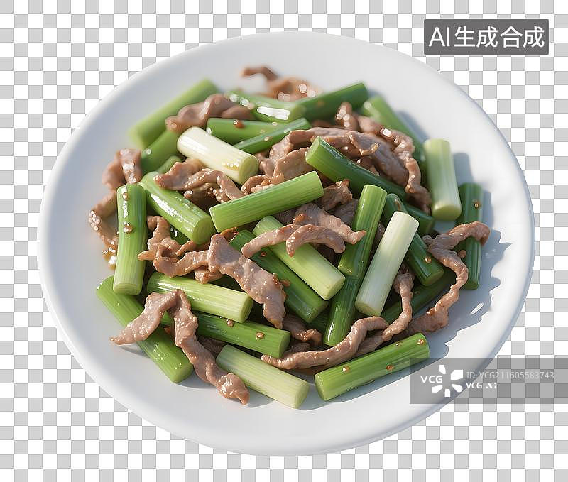 【AI数字艺术】AIGC:3D家常菜 炒菜 蒜苔炒肉，设计元素，免抠图形图片素材