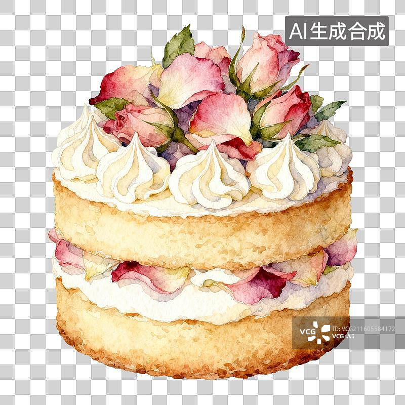 【AI数字艺术】水彩画风格的双层玫瑰蛋糕图片素材