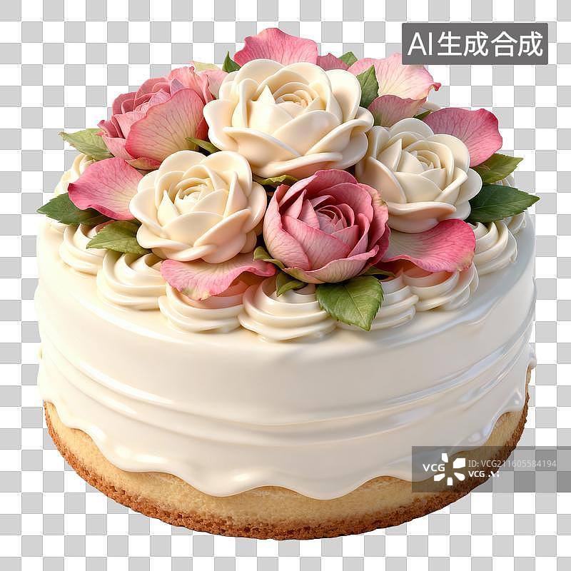 【AI数字艺术】粉白玫瑰装饰的白色奶油蛋糕图片素材