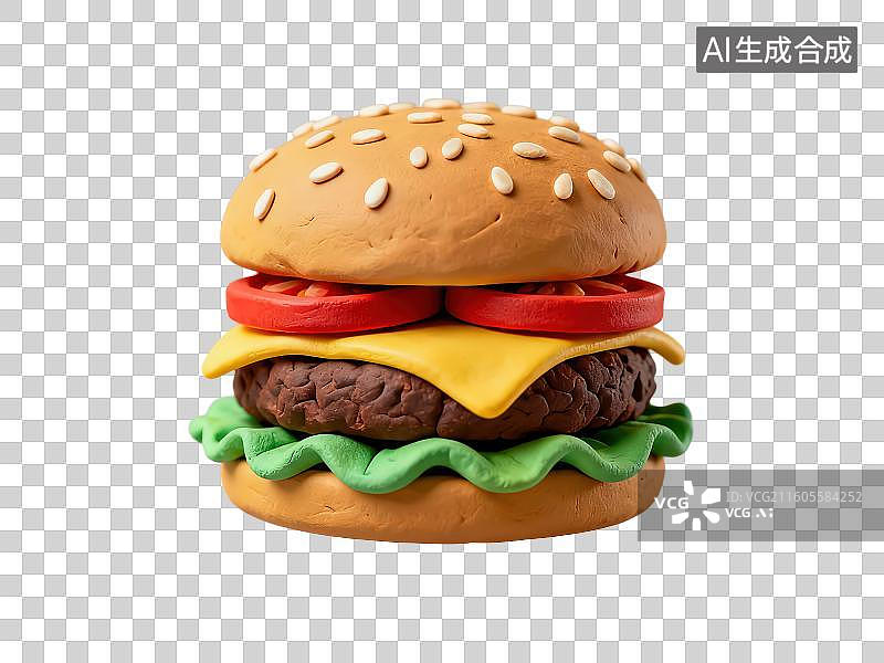 【AI数字艺术】3D渲染免抠图形元素黏土风高热量快餐食品汉堡包图片素材