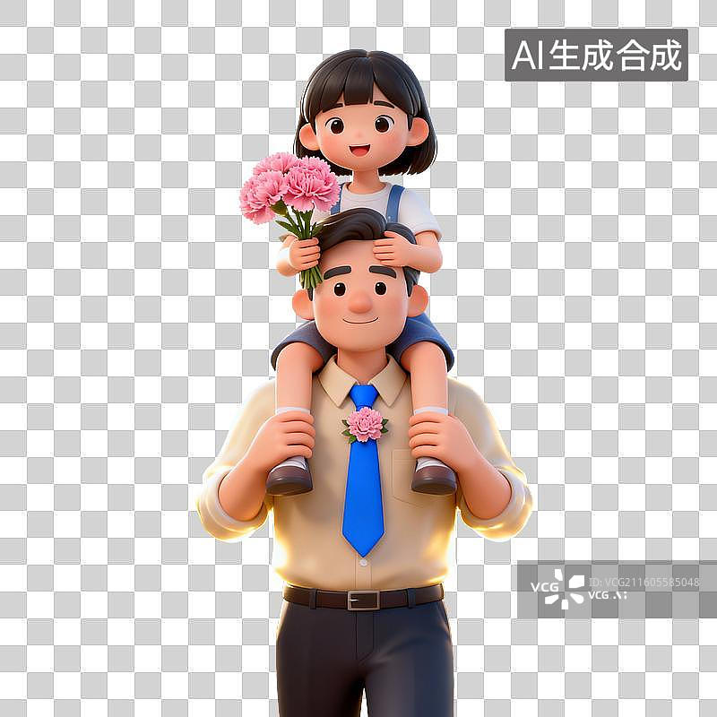 【AI数字艺术】女儿坐父亲肩头送花的温馨场景图片素材