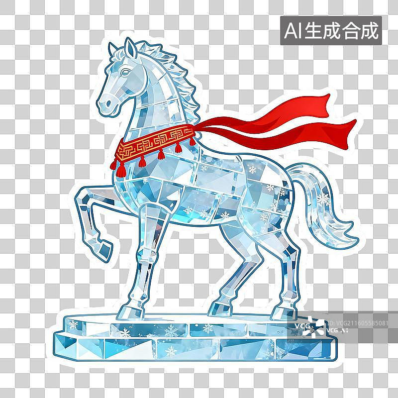 【AI数字艺术】冰晶骏马雕像（配红色围巾）图片素材