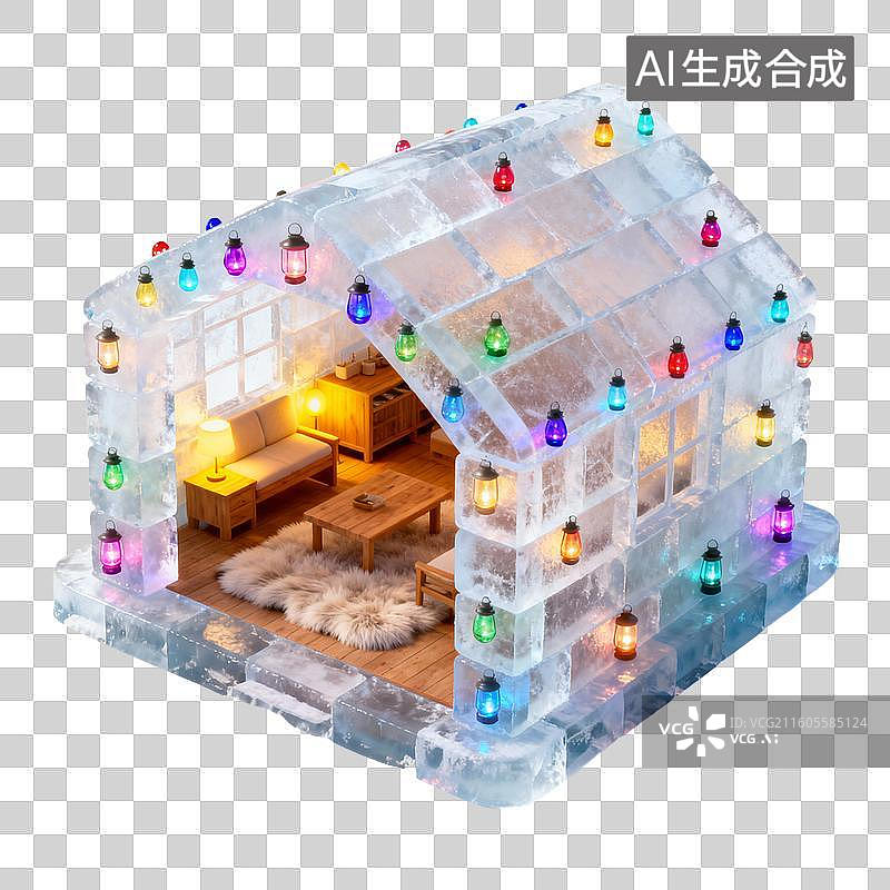 【AI数字艺术】透明冰块搭建的温馨冰屋室内场景图片素材