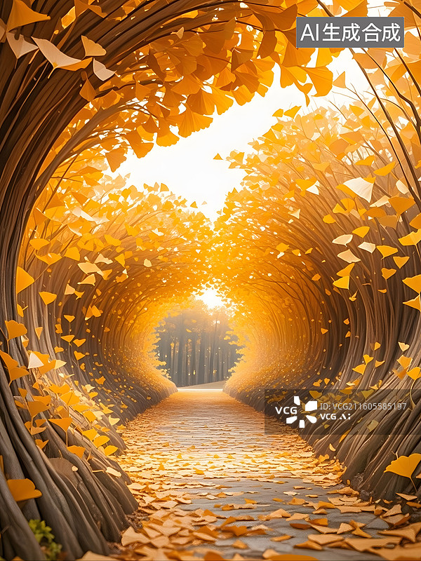 【AI数字艺术】由金黄银杏叶构成的螺旋隧道中。银杏叶细节丰富图片素材