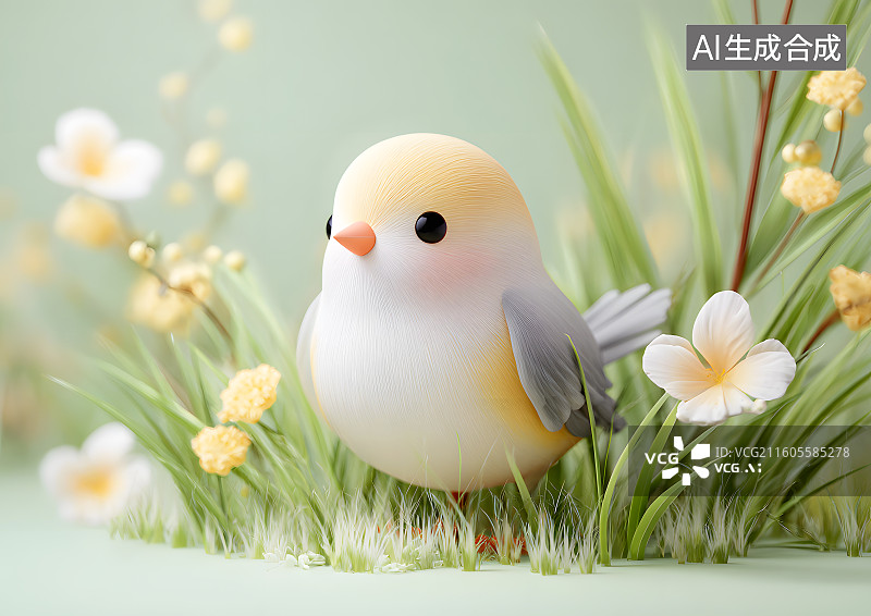 【AI数字艺术】花丛中一只可爱的卡通小鸟图片素材