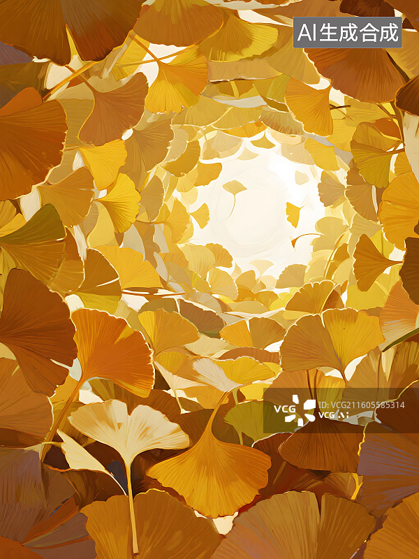 【AI数字艺术】由金黄银杏叶构成的螺旋隧道中。银杏叶细节丰富图片素材
