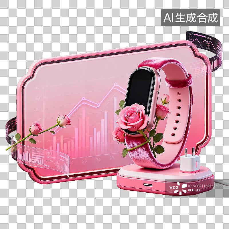 【AI数字艺术】粉色智能手表充电场景与玫瑰及数据可视化图片素材