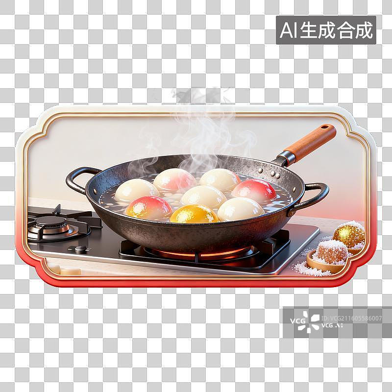 【AI数字艺术】燃气灶上煮彩色汤圆的铁锅图片素材