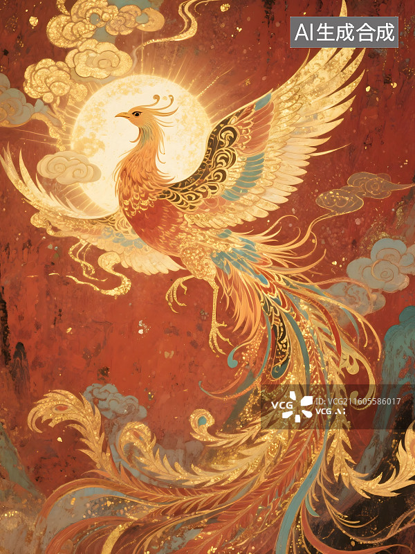 【AI数字艺术】祥云，光芒包围，撒金，壁画质感，超级大场景，身形完整，岩彩风格，展翅凤凰，涅槃重生图片素材