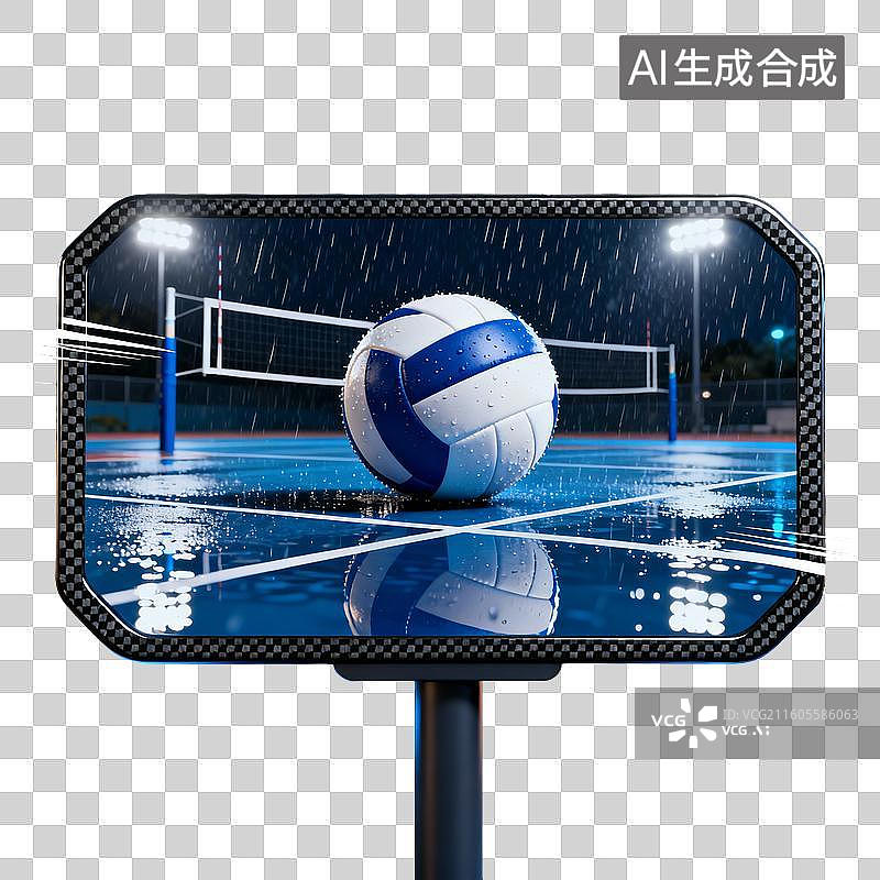 【AI数字艺术】雨夜灯光下的排球与排球场图片素材
