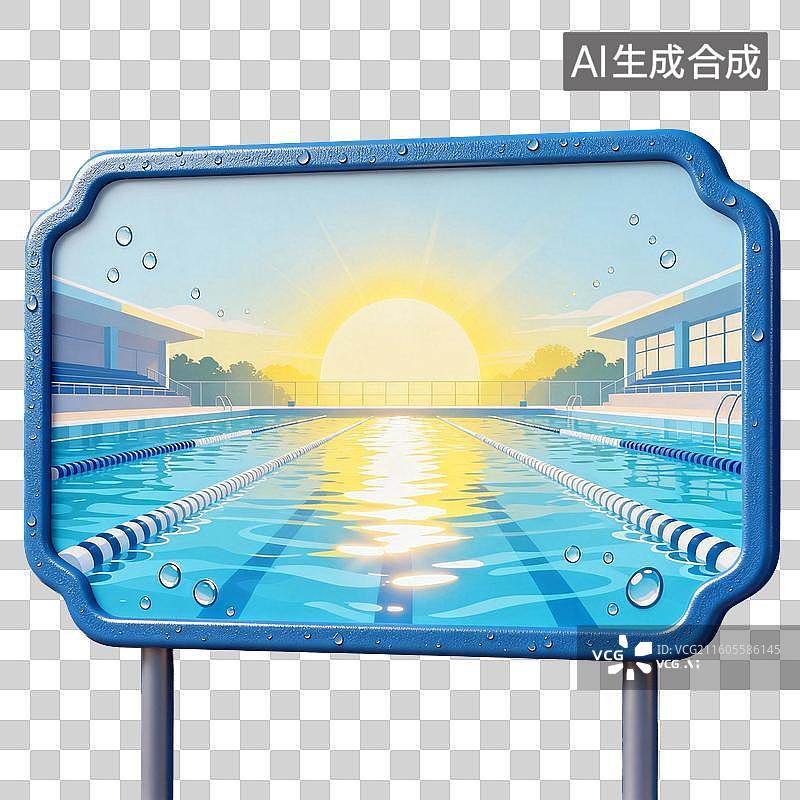 【AI数字艺术】带水滴的泳池日出景观广告牌图片素材
