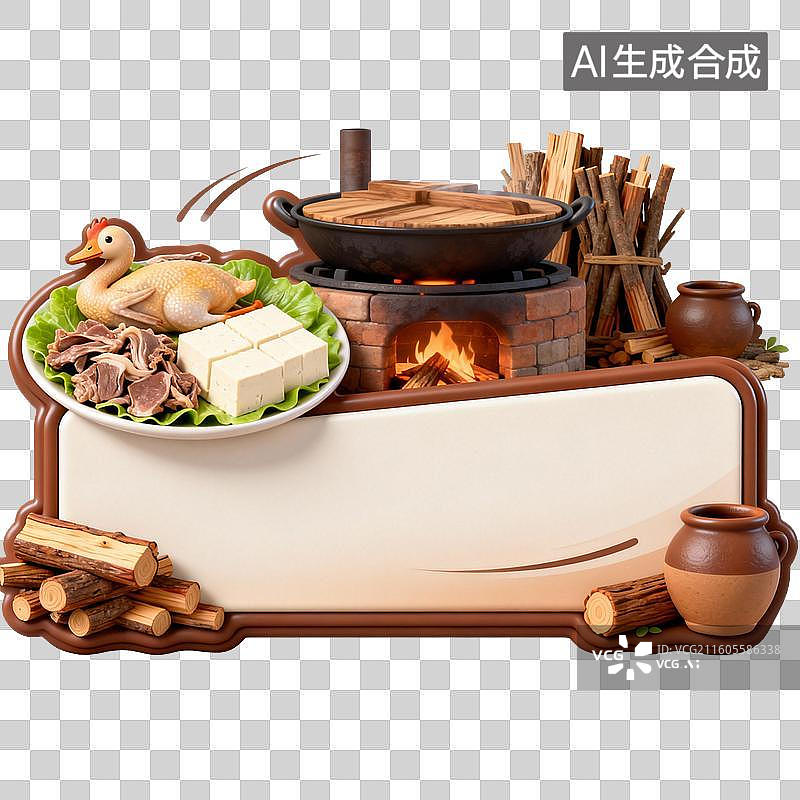 【AI数字艺术】乡村土灶烹饪美食与食材展示图片素材