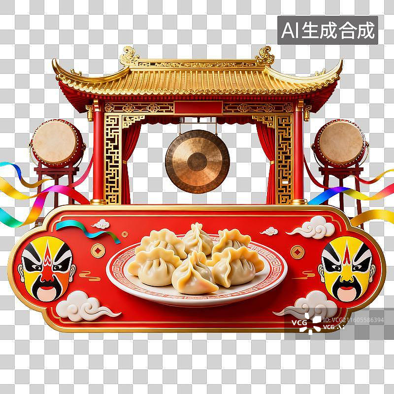 【AI数字艺术】饺子、京剧脸谱与中式锣鼓牌楼图片素材