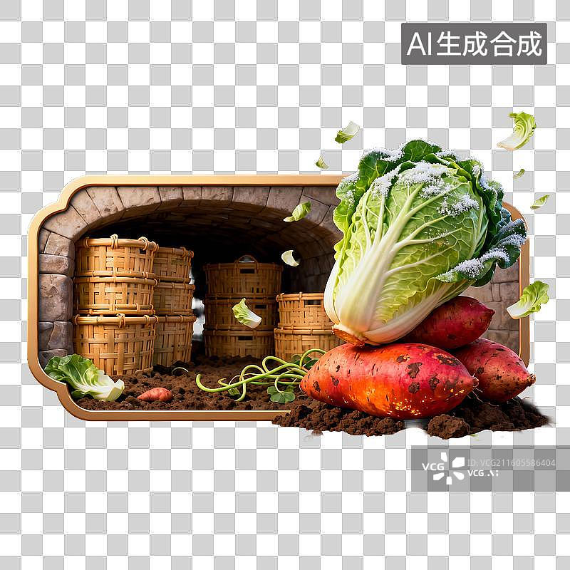 【AI数字艺术】石砌地窖旁的新鲜蔬果与竹篮图片素材