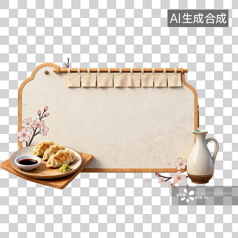 【AI数字艺术】日式美食卷轴空白板配饺子、樱花与陶瓷壶图片素材