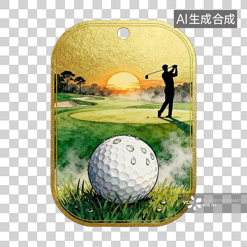 【AI数字艺术】狗牌造型的高尔夫日落球场水彩画图片素材