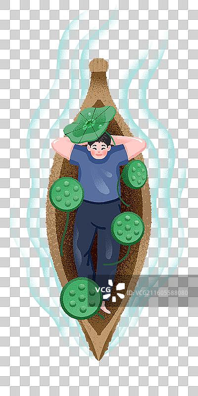 躺着在小船里的男人有莲蓬和荷叶作伴图片素材
