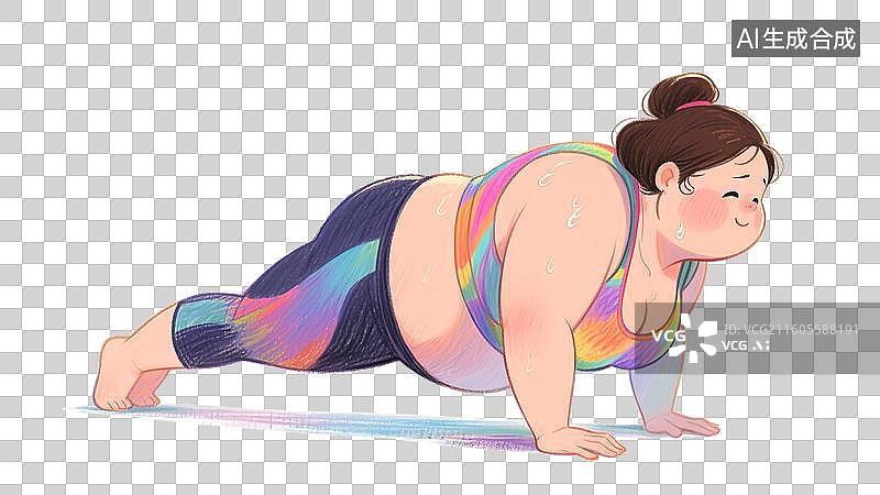 【AI数字艺术】手绘彩铅插画肥胖的女人在健身做平板支撑，减肥努力变苗条，免扣元素图片素材