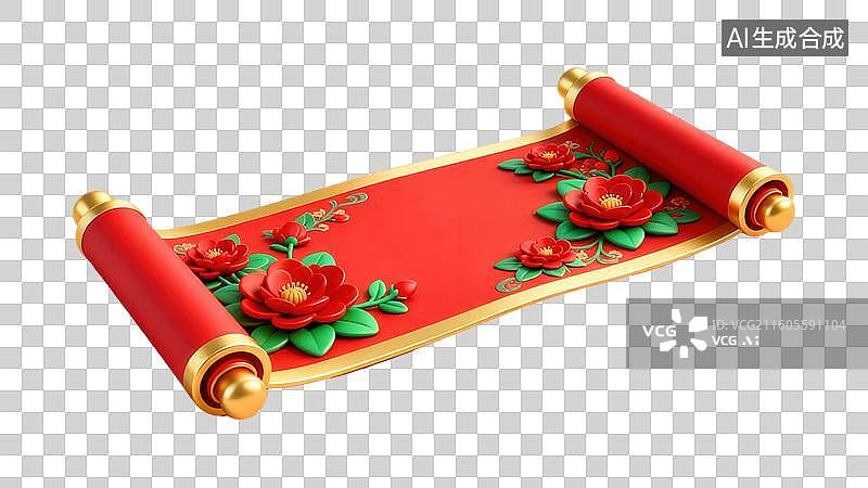 【AI数字艺术】红色卷轴装饰花卉图案图片素材