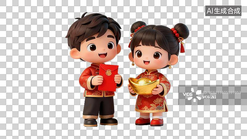 【AI数字艺术】卡通儿童穿传统服饰持红包金元宝图片素材