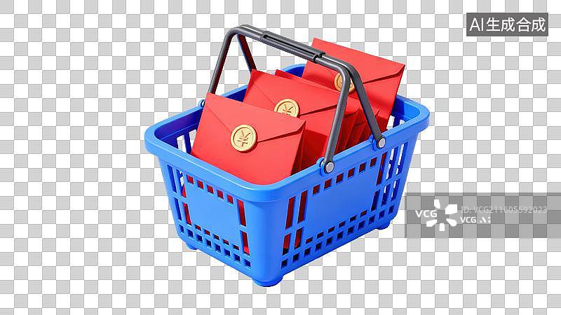 【AI数字艺术】蓝色购物篮装红色信封图片素材