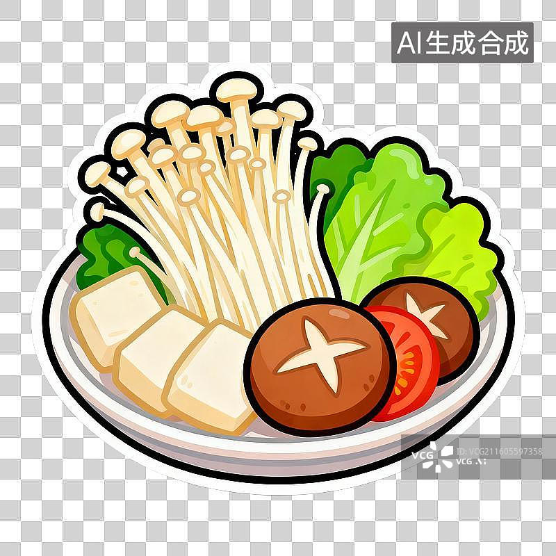【AI数字艺术】新年春节年俗2D贴纸卡通促销拟物风格元素火锅年夜饭金针菇图片素材