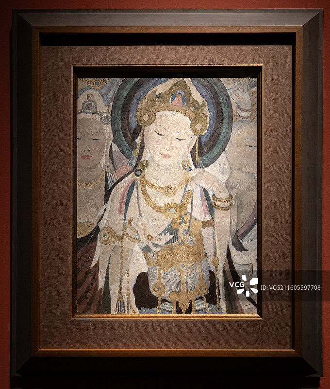 中国美术馆-墨韵文脉-甘肃丝路艺术珍品展-临摹莫高窟初唐第57窟-观音菩萨像-油画-靳尚谊-1978图片素材