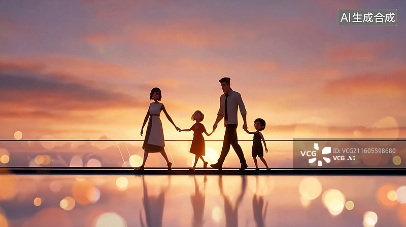 【AI数字艺术】夕阳下的亲子家庭剪影图片素材