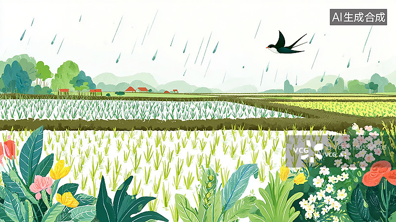 【AI数字艺术】春雨燕归田园风光图片素材