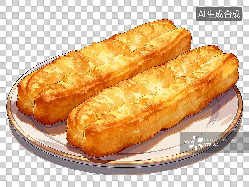 【AI数字艺术】国风手绘插画，一盘油条，早餐，中国传统小吃，美食，设计素材图片素材