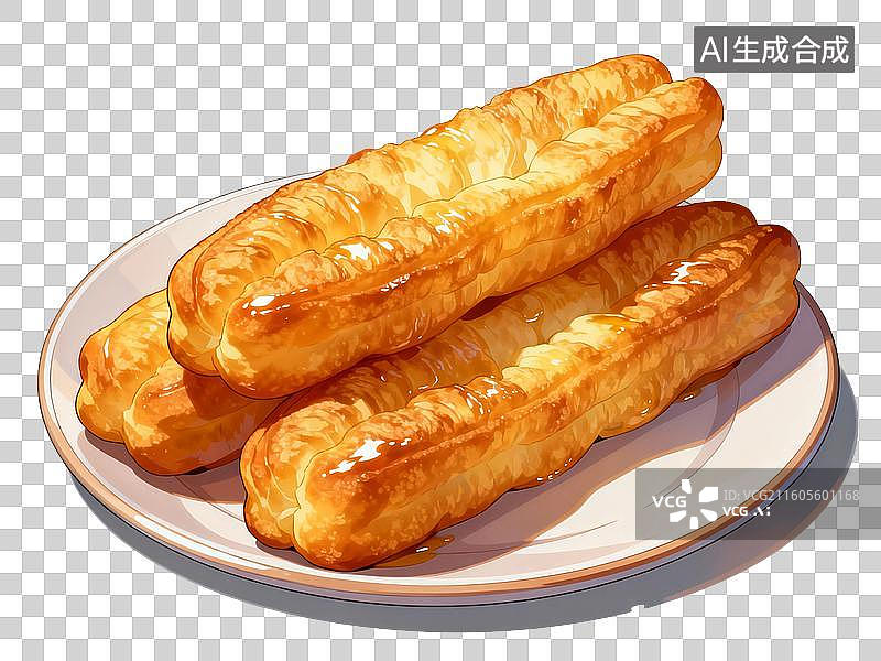 【AI数字艺术】国风手绘插画，一盘油条，早餐，中国传统小吃，美食，设计素材图片素材
