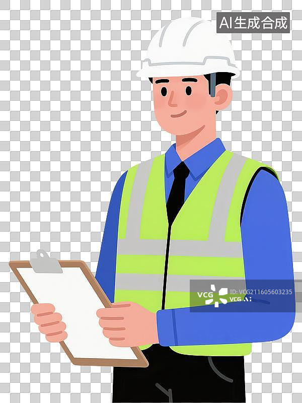 【AI数字艺术】3D渲染免抠图形元素带着白色安全帽身穿黄色反光背心手拿写字板的男性工程师半身像形象图片素材