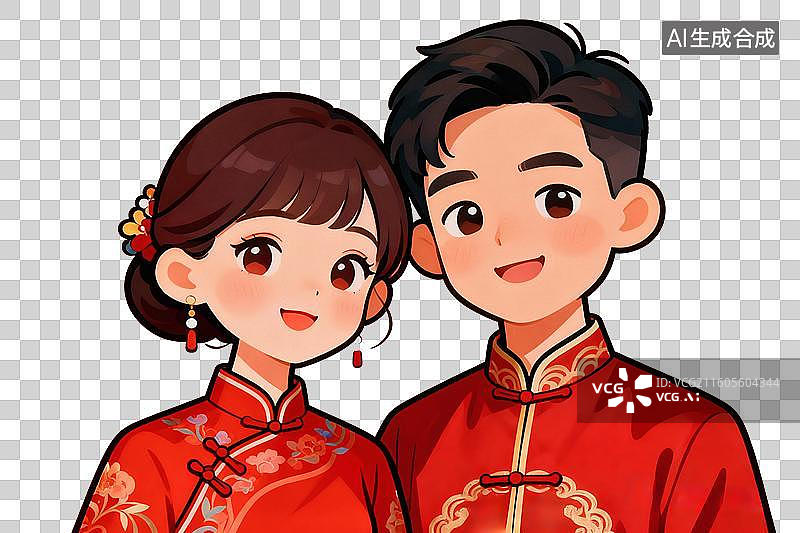 【AI数字艺术】卡通风格，身穿中式婚纱的年轻夫妻PNG格式的免扣元素图片素材