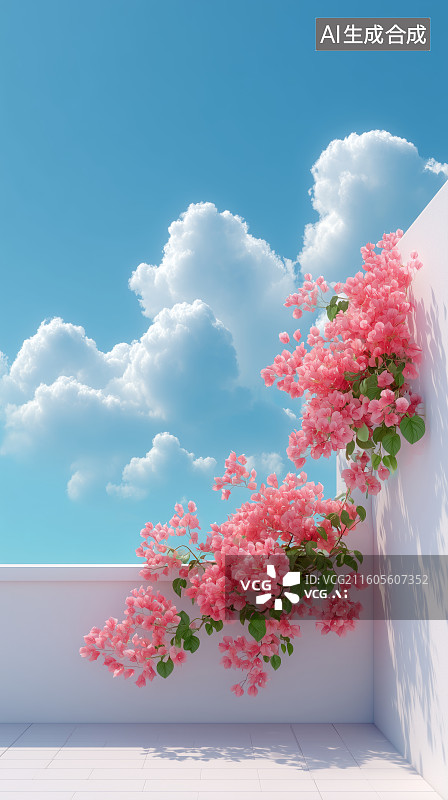 【AI数字艺术】蓝天白云下的花卉装饰图片素材