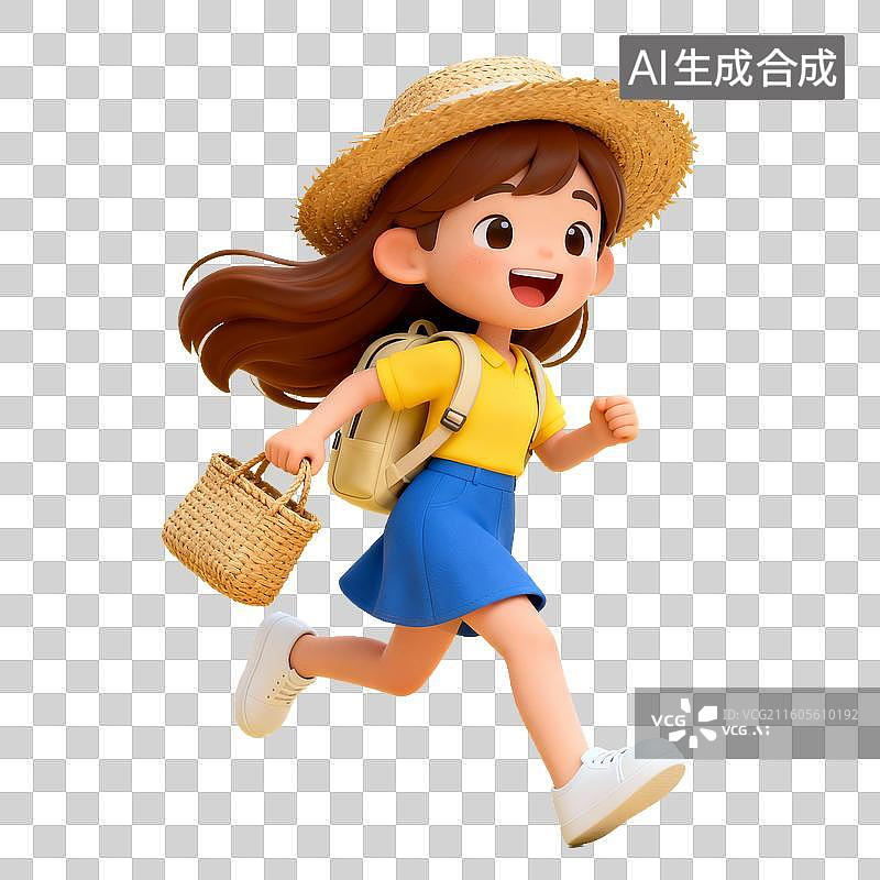 【AI数字艺术】教育主题 女孩奔跑戴草帽提篮子图片素材