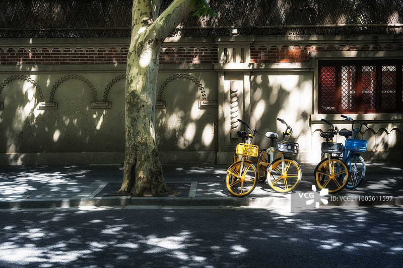 上海老街上的梧桐树光影和异国风情的建筑图片素材