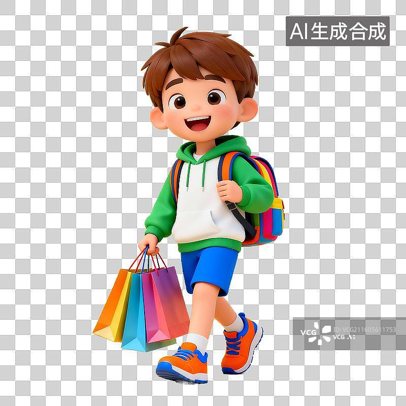 【AI数字艺术】电商购物 时尚人物 男孩提购物袋行走图片素材