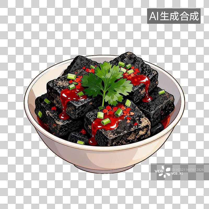 【AI数字艺术】美食 菜肴 臭豆腐 一碗黑豆腐配红酱和香菜图片素材