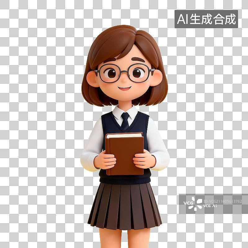 【AI数字艺术】教育主题 戴眼镜的女孩学生手持书本图片素材